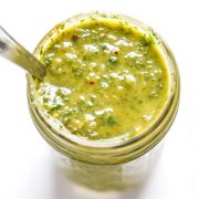 Made with simple and fresh ingredients, this Cilantro and Parsley Chimichurri Sauce is bright, tangy and flavorful. It's ready in under 10 minutes and requires only one tool: a blender! Top it on your favorite meats, veggies or even sandwiches! (gluten free, vegetarian, paleo, grain free, dairy free, vegan)