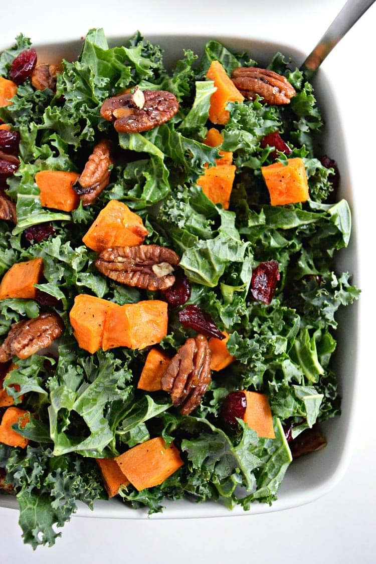 Roasted Sweet Potato and Kale Salad with Candied Pecans & Cranberries