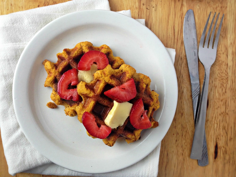 Gluten-free Pumpkin Waffles Recipe. Great for breakfast and brunch!