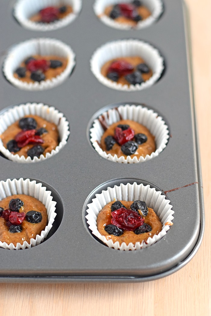 Chocolate Almond Butter Berry Cups topped with sea salt - no added sugar, no bake, dairy free, gluten free, paleo, raw, vegan, vegetarian // isabeleats.com