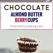 Chocolate Almond Butter Berry Cups topped with sea salt - no added sugar, no bake, dairy free, gluten free, paleo, raw, vegan, vegetarian | fromcatstocooking.com