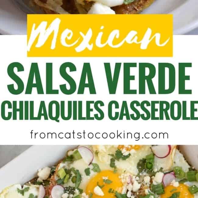 Made with baked corn tortillas covered in salsa verde and topped with sunny side-up eggs, fresh cilantro, radishes and green onions, this Mexican Salsa Verde Chilaquiles Casserole is the perfect breakfast and brunch dish. It's also gluten free and vegetarian, woo woo!