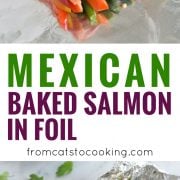 Topped with a green chile cilantro sauce, this Mexican Baked Salmon in Foil recipe is easy to make, takes 35 minutes from start to finish and is perfect for lunch and dinner. It's also super healthy and is gluten free, paleo, vegetarian and clean eating.