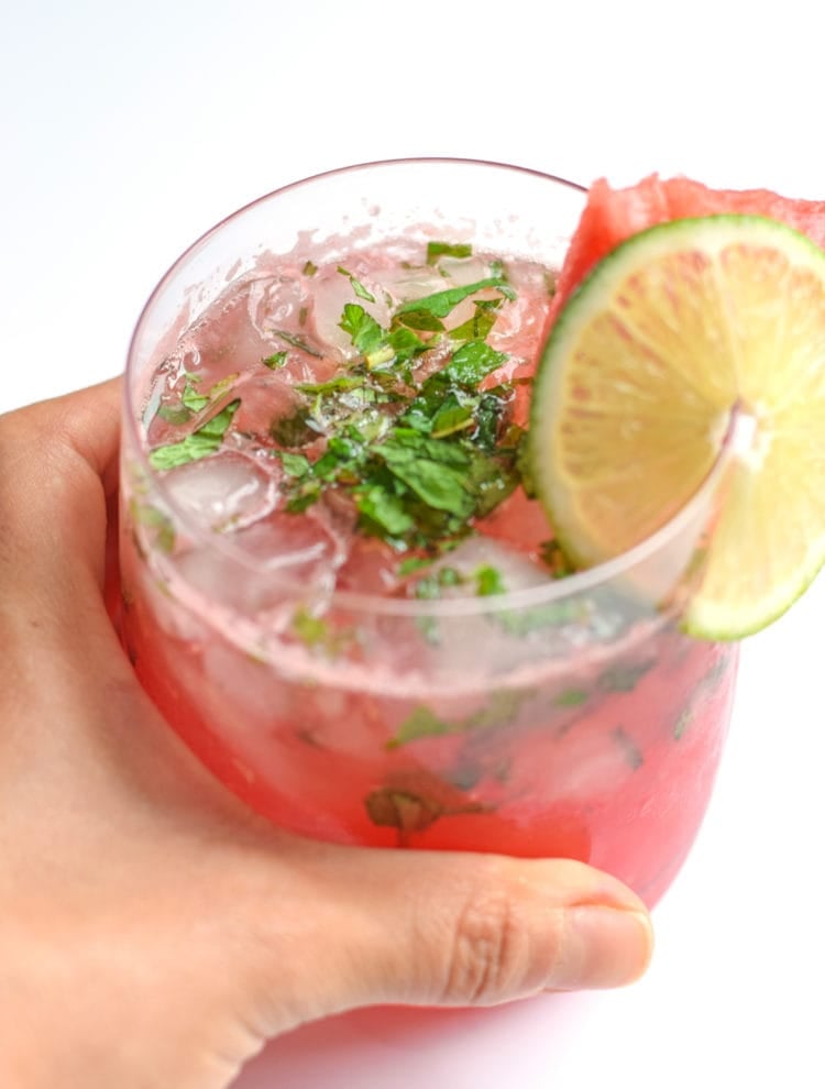This Watermelon Mint Wine Cocktail is made with only 4 ingredients and takes less than 5 minutes to make. It’s made without any added sweeteners like simple syrup or sugar – the watermelon and wine is sweet enough. And the fresh mint and lime juice add a Mexican-inspired twist that we all know and love.