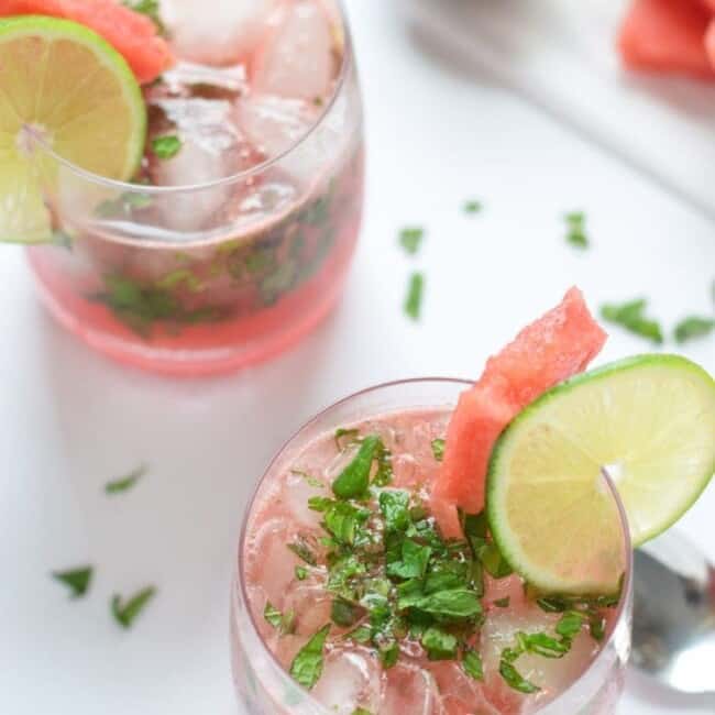 This Watermelon Mint Wine Cocktail is made with only 4 ingredients and takes less than 5 minutes to make. It’s made without any added sweeteners like simple syrup or sugar – the watermelon and wine is sweet enough. And the fresh mint and lime juice add a Mexican-inspired twist that we all know and love.