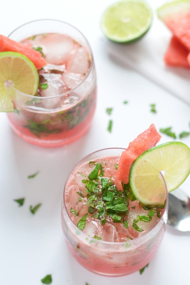 This Watermelon Mint Wine Cocktail is made with only 4 ingredients and takes less than 5 minutes to make. It’s made without any added sweeteners like simple syrup or sugar – the watermelon and wine is sweet enough. And the fresh mint and lime juice add a Mexican-inspired twist that we all know and love.