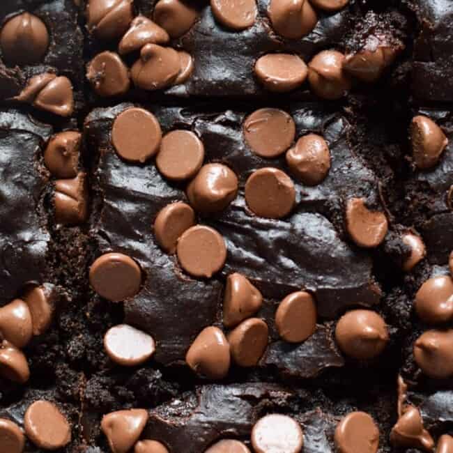 Fudgy black bean brownies topped with chocolate chips