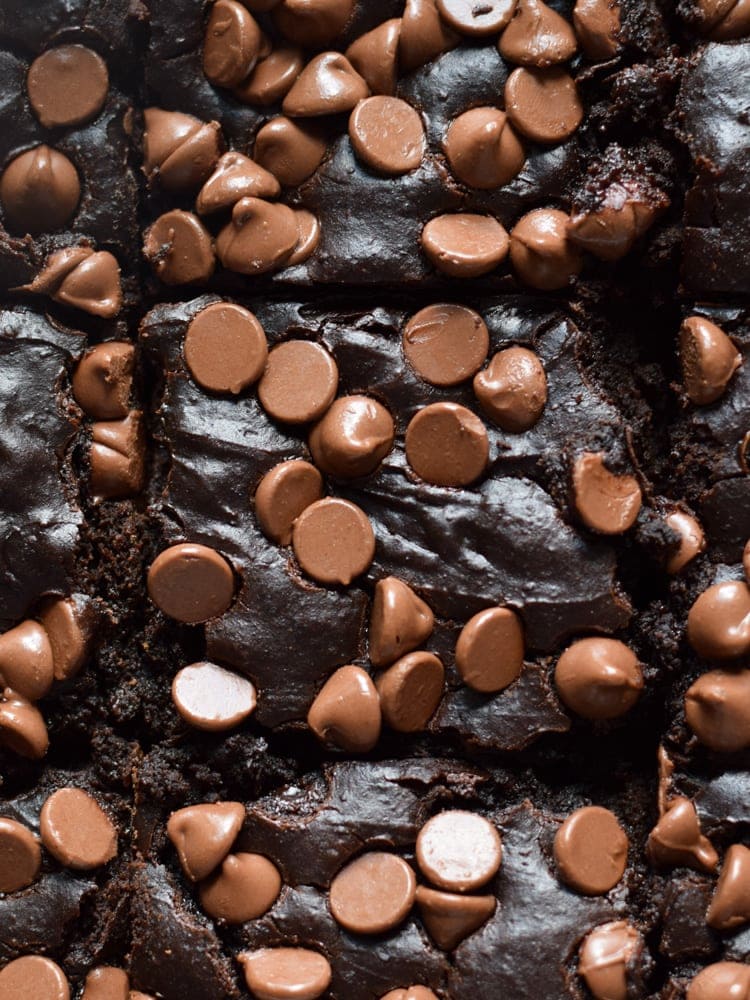 Fudgy black bean brownies topped with chocolate chips