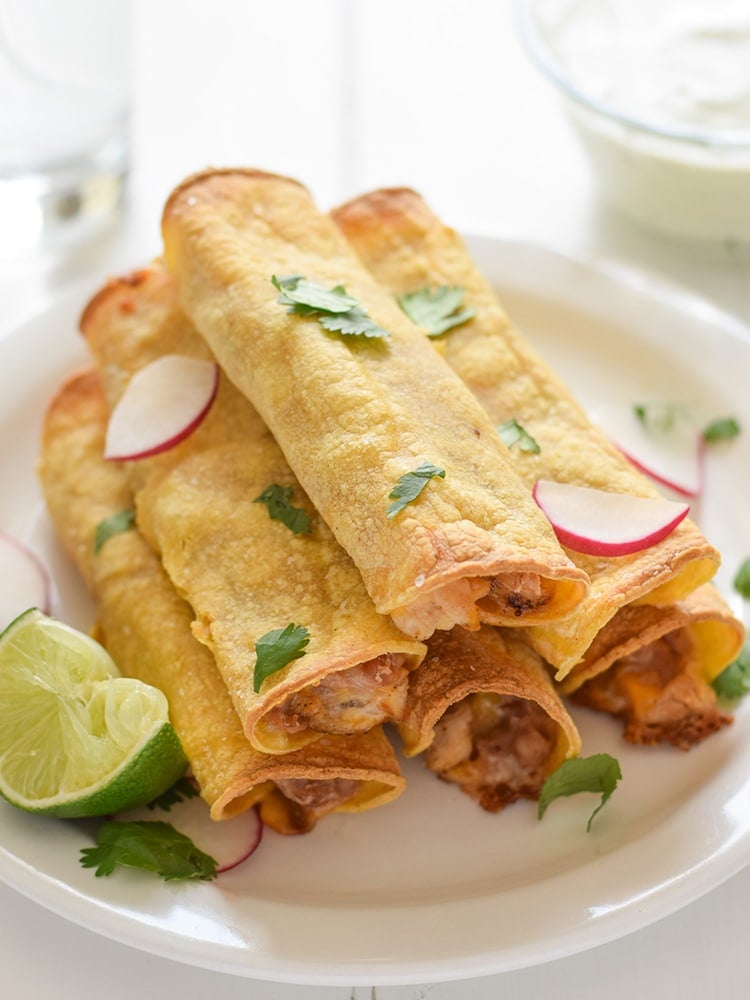 Baked chicken, bean and cheese taquitos