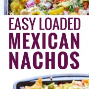 Now you can get your favorite restaurant appetizer right at home! These Easy Loaded Mexican Nachos are topped with all your favorite ingredients and take only 12 minutes to make. Perfect for parties or lazy weekend meals! Is gluten free and can easily be made vegetarian.