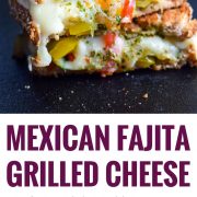 Made with sautéed vegetables, a cilantro parsley chimichurri spread and lots of melted cheese, this Mexican Fajita Grilled Cheese will leave you full and oh so happy. (vegetarian)