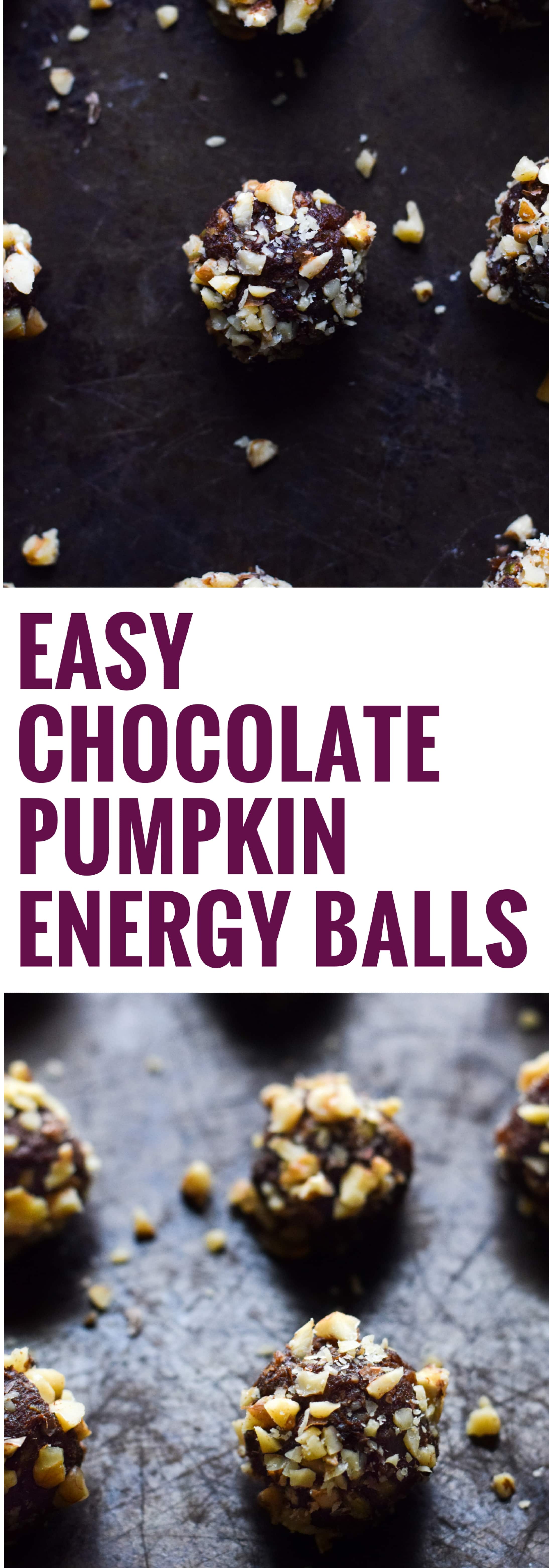 These Easy Chocolate Pumpkin Energy Balls contain only 6 ingredients, take less than 30 minutes to make, and are raw, no-bake, vegan, paleo, dairy free and gluten free.