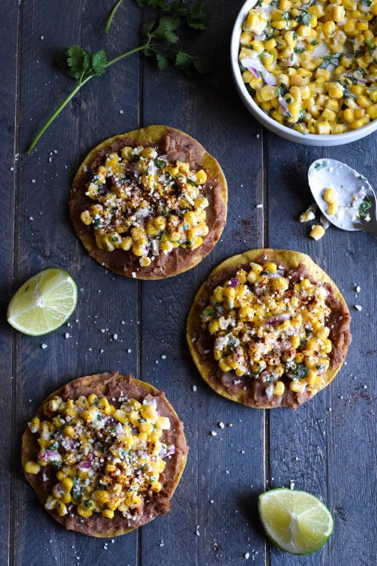 Street corn tostadas made from canned refried beans and canned corn.