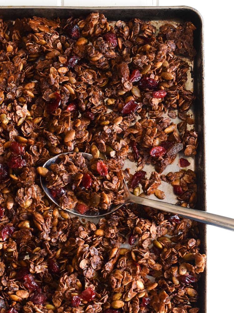 Made with wholesome rolled oats, Abuelita Mexican chocolate, pumpkin seeds and dried cranberries, this Mexican Chocolate Pumpkin Seed Granola is a delicious breakfast or snack any time of the day! (gluten free, vegetarian)