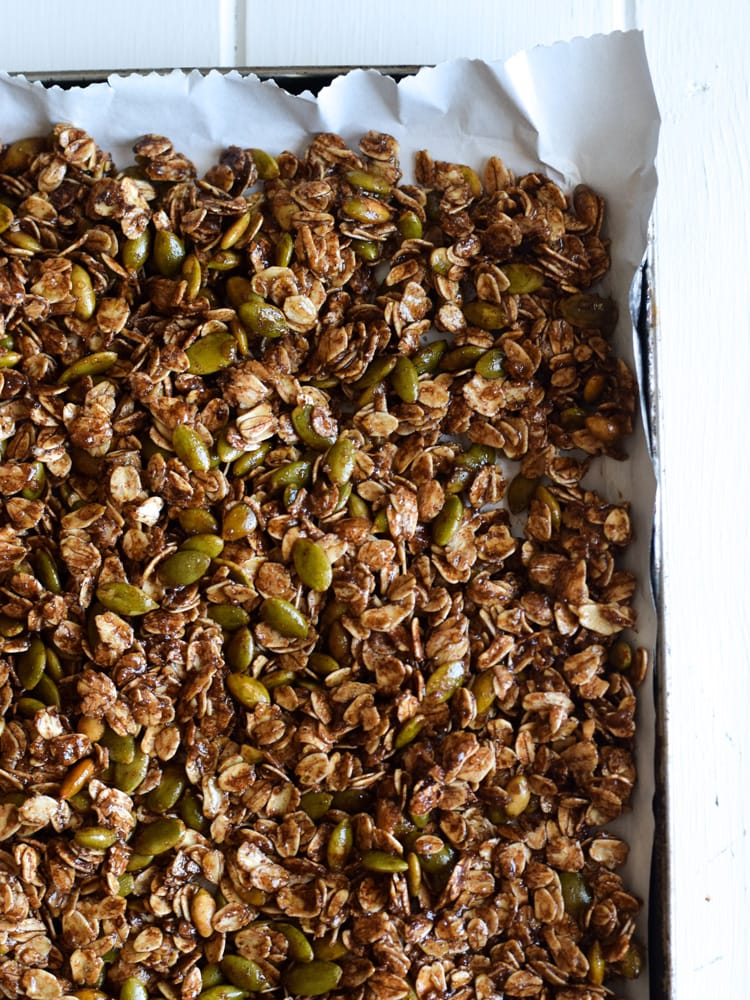 Made with wholesome rolled oats, Abuelita Mexican chocolate, pumpkin seeds and dried cranberries, this Mexican Chocolate Pumpkin Seed Granola is a delicious breakfast or snack any time of the day! (gluten free, vegetarian)