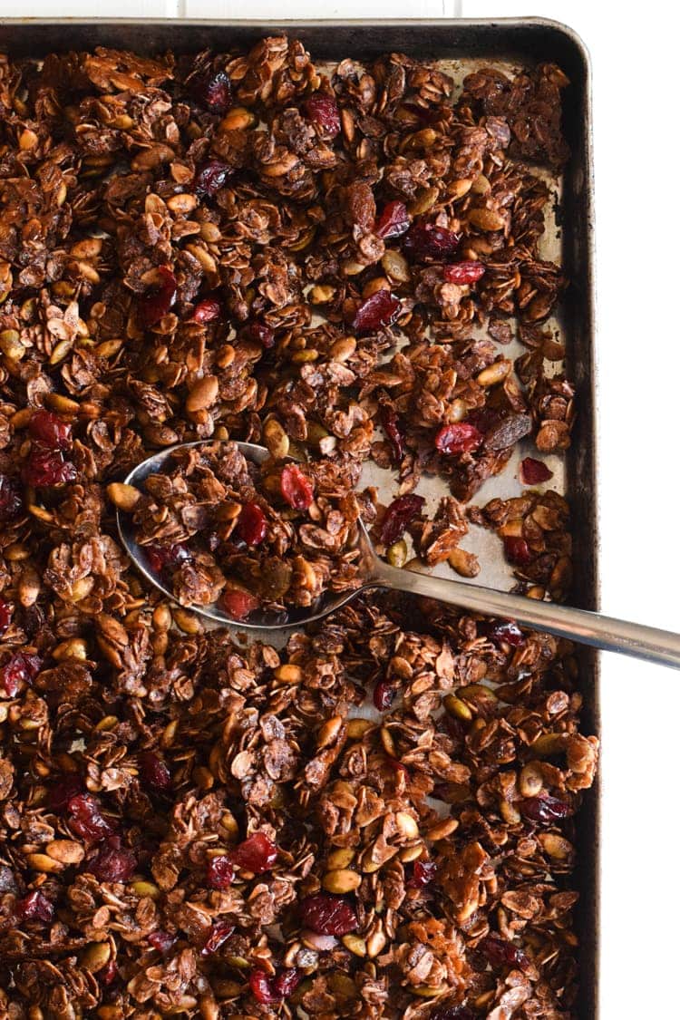 Made with only wholesome rolled oats, Abuelita Mexican chocolate, pumpkin seeds and dried cranberries, this Mexican Chocolate Pumpkin Seed Granola is a delicious breakfast or snack any time of the day! (gluten free, vegetarian)