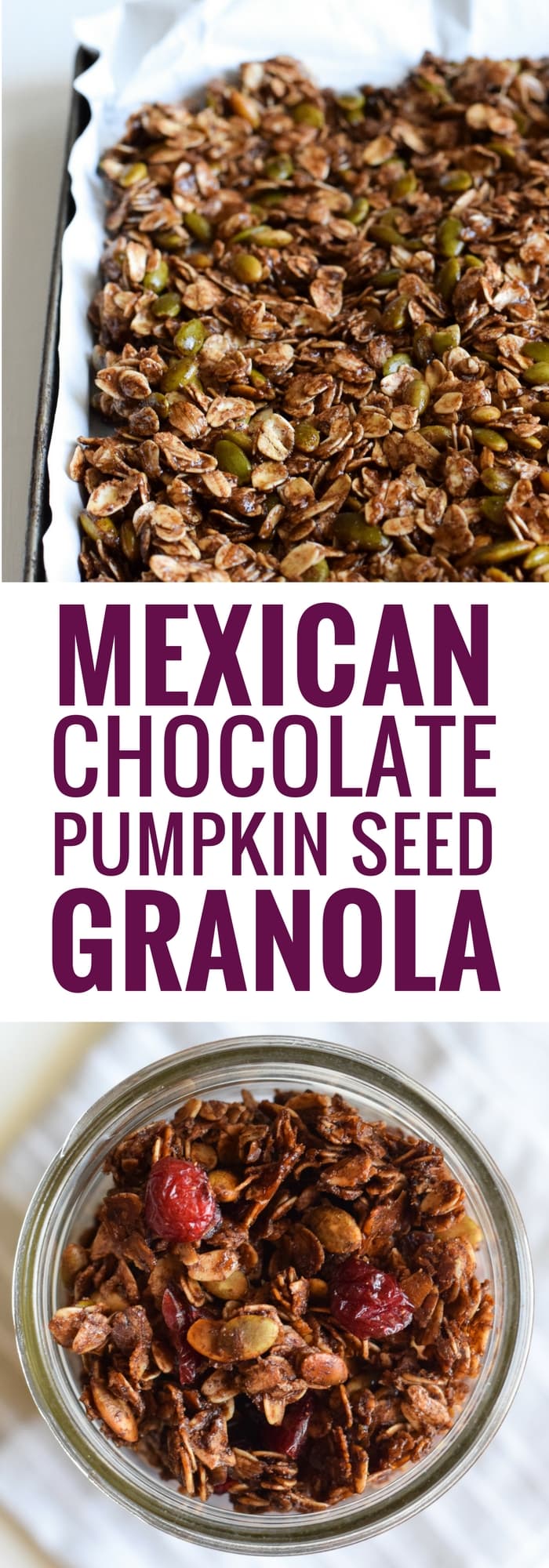 Made with wholesome rolled oats, Abuelita Mexican chocolate, pumpkin seeds and dried cranberries, this Mexican Chocolate Pumpkin Seed Granola is a delicious breakfast or snack any time of the day! (gluten free, vegetarian)