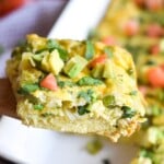 This Salsa Verde Breakfast Frittata is what breakfast dreams are made of. Topped with a salsa verde yogurt sauce, this vegetarian dish is perfect for brunch on those lazy weekends. Is gluten free, vegetarian, paleo and low carb.