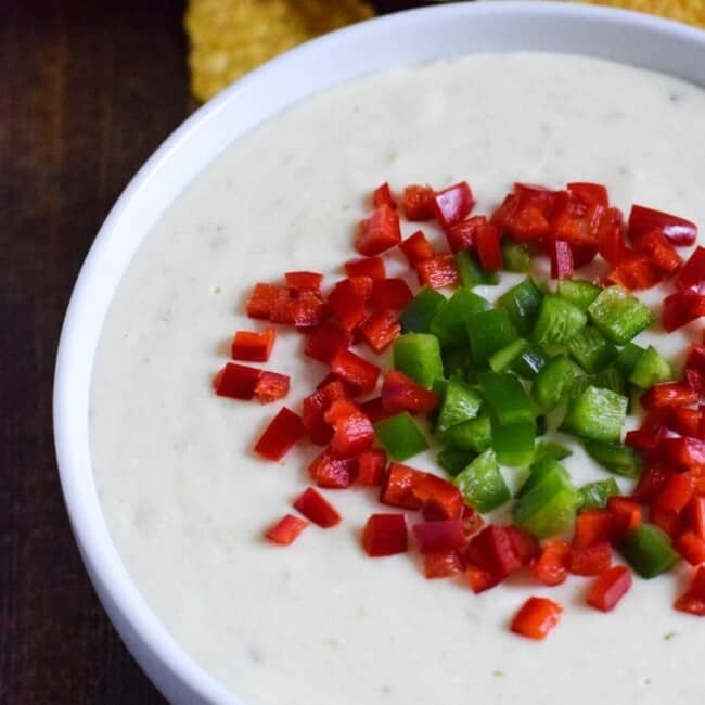 This easy, cheesy and super creamy Salsa Verde Queso Dip made in the slow cooker is the perfect no-fuss appetizer for your next game day party! (gluten free, vegetarian, low carb, crock pot)