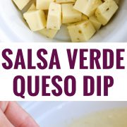 This easy, cheesy and super creamy Salsa Verde Queso Dip made in the slow cooker is the perfect no-fuss appetizer for your next game day party! (gluten free, vegetarian, low carb, crock pot)