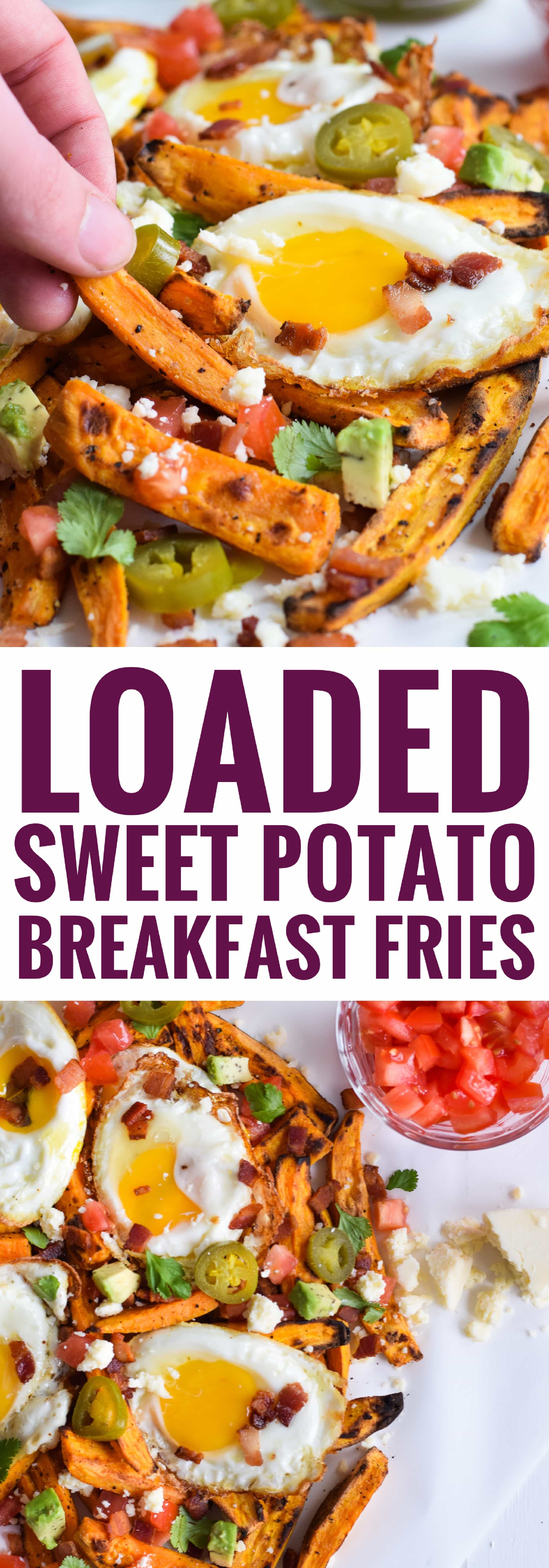 Baked Loaded Sweet Potato Breakfast Fries topped with sunny side up eggs, bacon, avocados and cotija cheese are sure to be your new favorite weekend breakfast.