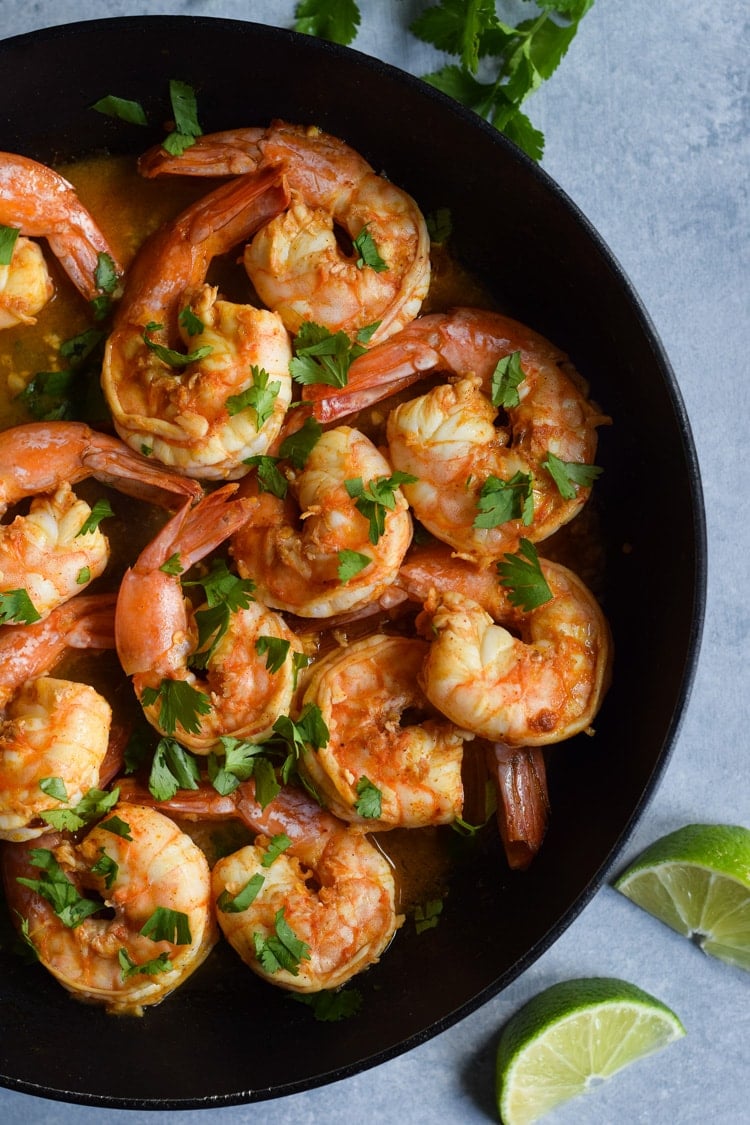 This Spicy Red Pepper Garlic Shrimp is an easy and healthy weeknight meal that's ready in only 18 minutes. Is gluten free, paleo and low carb.