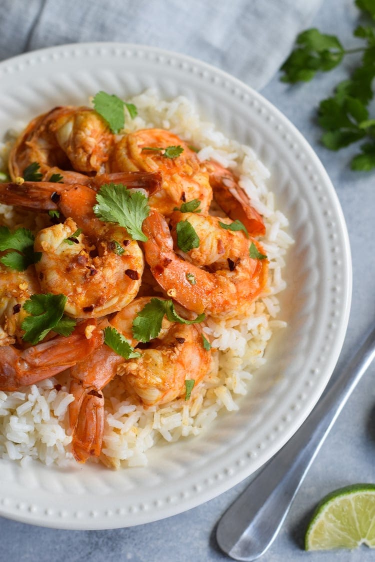 This Spicy Red Pepper Garlic Shrimp is an easy and healthy weeknight meal that's ready in only 18 minutes. Is gluten free, paleo and low carb.