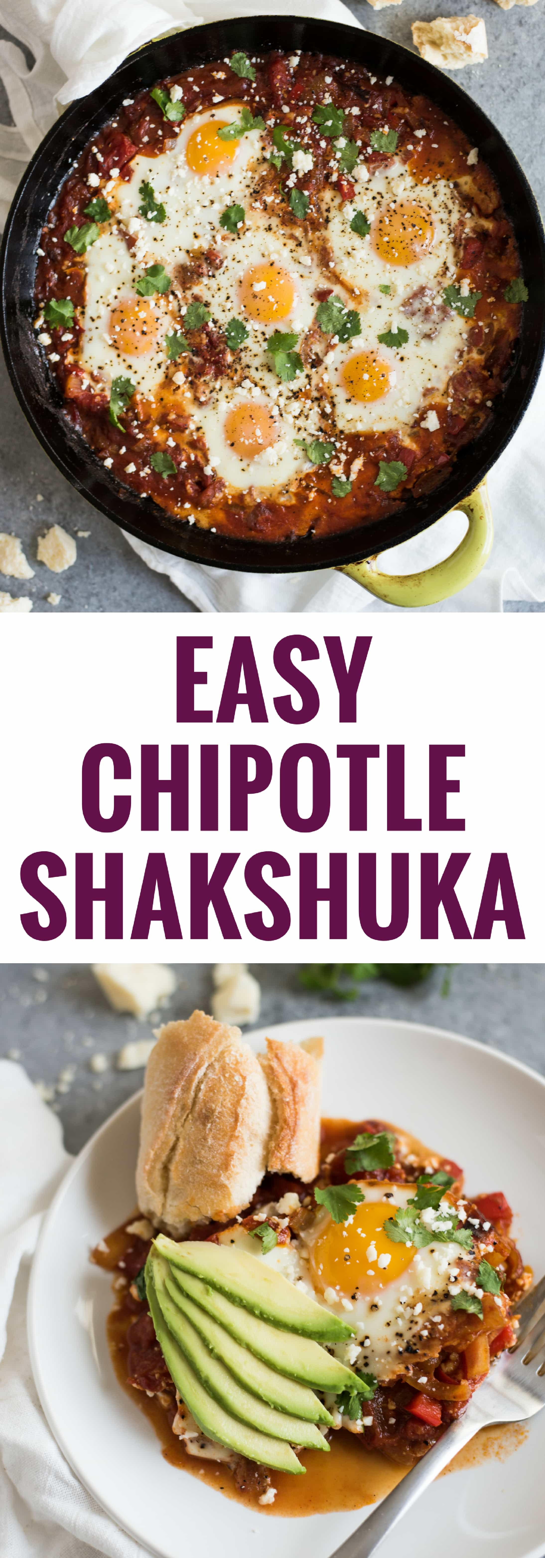 This Easy Chipotle Shakshuka (Baked Eggs in Tomato Sauce) is a smoky vegetarian and gluten free dish that even the biggest meat eater will love. Perfect for breakfast, brunch and even dinner.