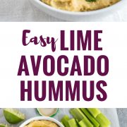 This Easy Lime Avocado Hummus made with avocados and chickpeas is the perfect healthy snack for any time of the day! Requires no tahini and is gluten free, vegetarian, and vegan!