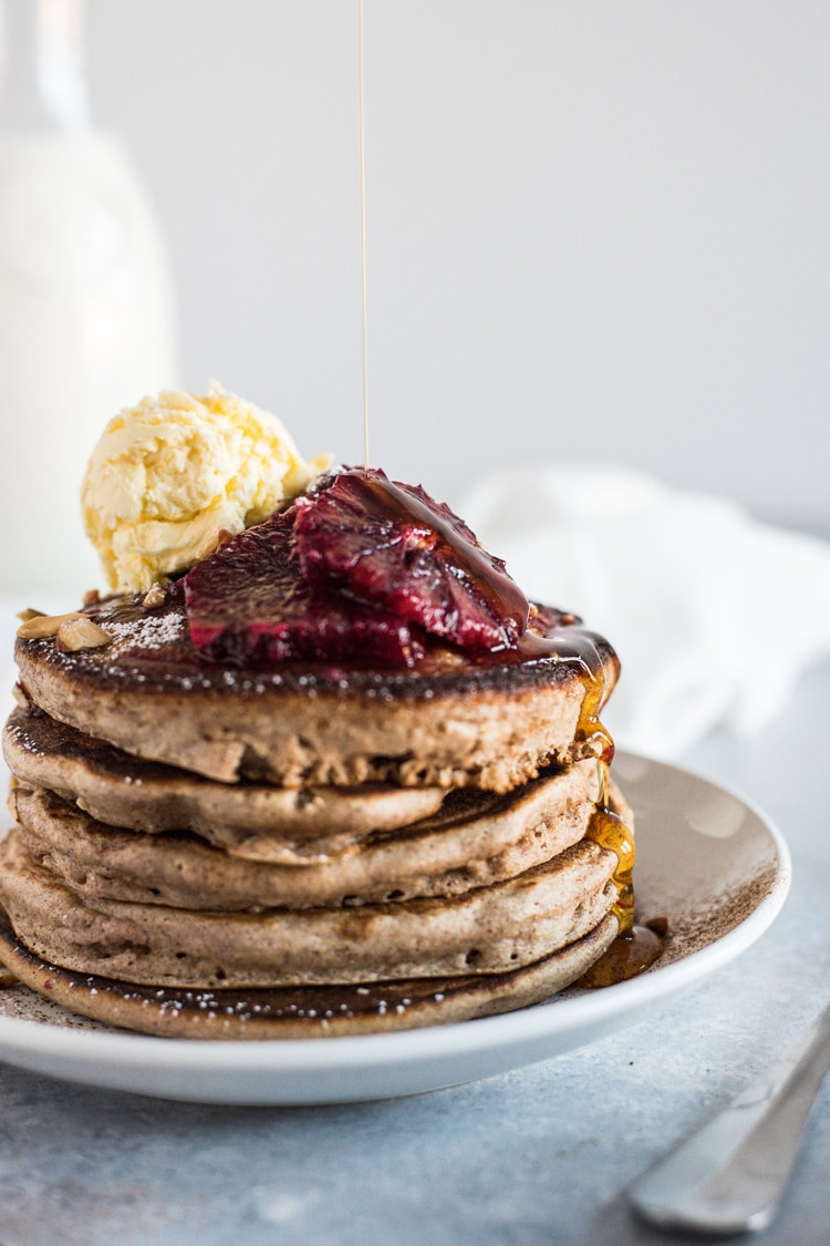 These Fluffy Whole Wheat Pancakes with Blood Orange Compote and whipped butter are perfect for breakfast or weekend brunch!