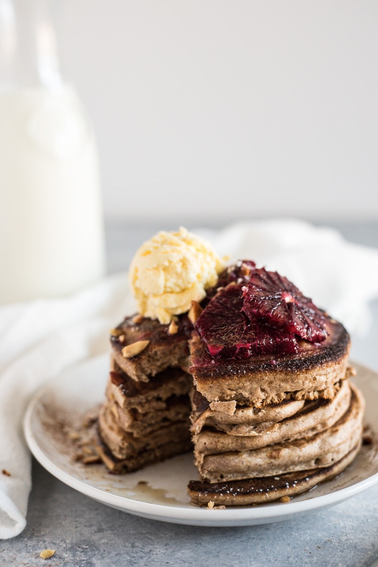 These Fluffy Whole Wheat Pancakes with Blood Orange Compote and whipped butter are perfect for breakfast or weekend brunch!