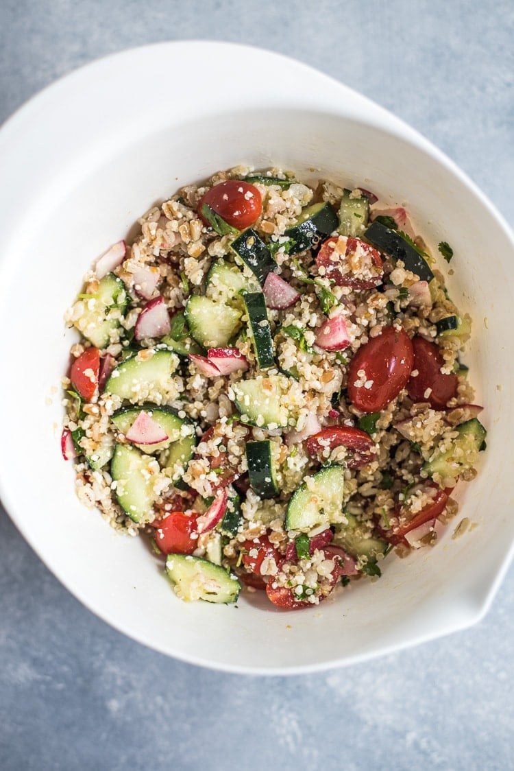 This Mexican Quinoa Salad with Farro and Barley is healthy, easy to make and makes a great vegetarian side dish or lunch in under 30 minutes.