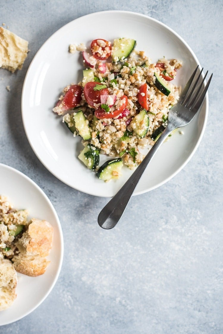 This Mexican Quinoa Salad with Farro and Barley is healthy, easy to make and makes a great vegetarian side dish or lunch in under 30 minutes.