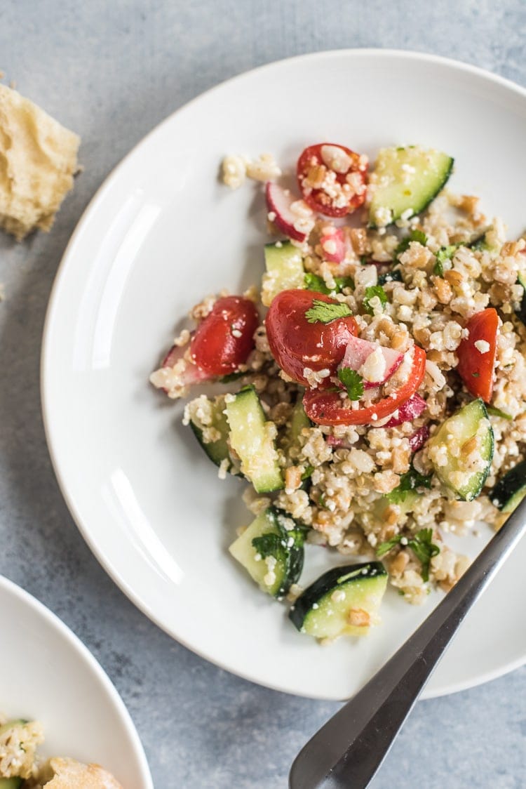 This Mexican Quinoa Salad with Farro and Barley is healthy, easy to make and makes a great vegetarian side dish or lunch in under 30 minutes.