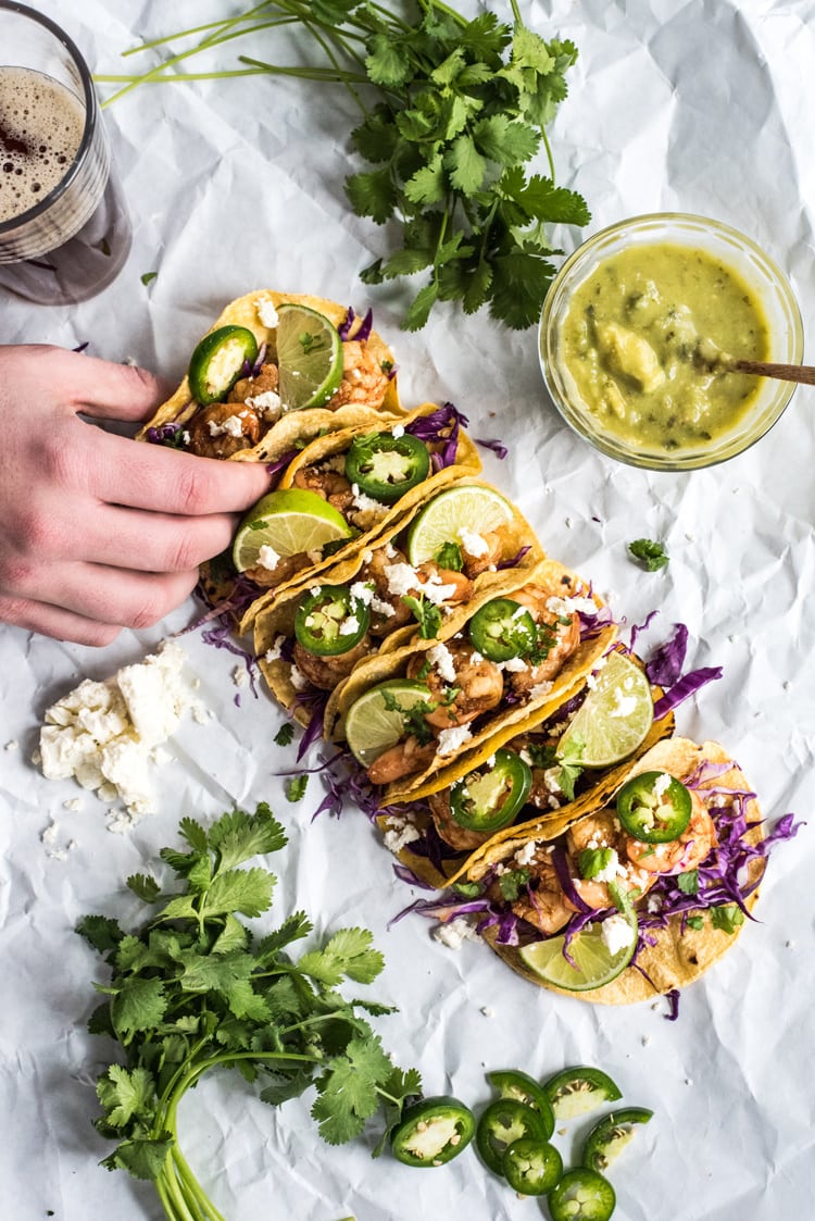 These Honey Balsamic Beer Shrimp Tacos are topped with a sweet and savory honey balsamic glaze that's made with a roasty stout beer. Ready in only 30 minutes!