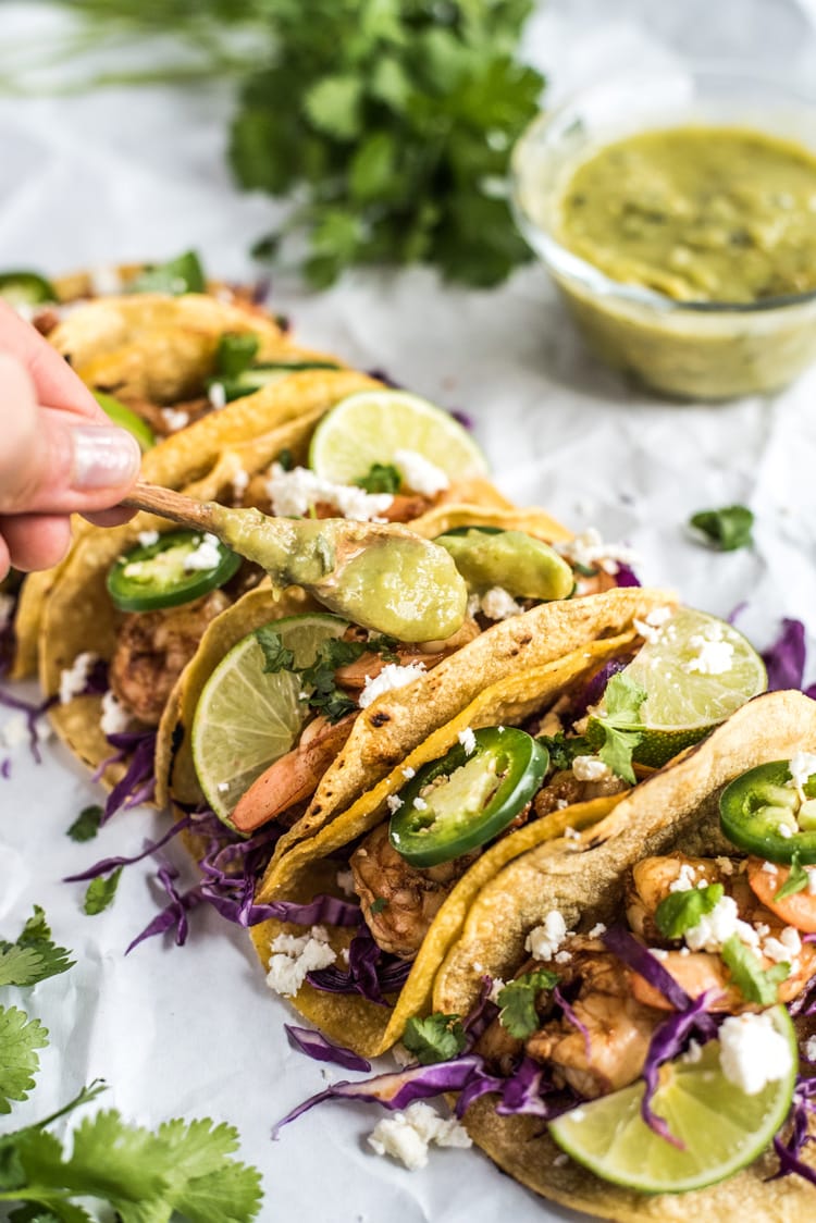 These Honey Balsamic Beer Shrimp Tacos are topped with a sweet and savory honey balsamic glaze that's made with a roasty stout beer. Ready in only 30 minutes!