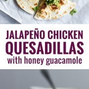 Seasoned with honey, garlic, lime juice and jalapeños, this Jalapeño Chicken Quesadilla topped with Honey Guacamole takes lunchtime to a whole new level.