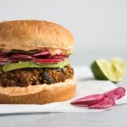 Sweet Potato Black Bean Burger with Chili Lime Mayo made with quinoa, sweet potatoes and black beans. No eggs required! (gluten free, vegetarian, vegan)