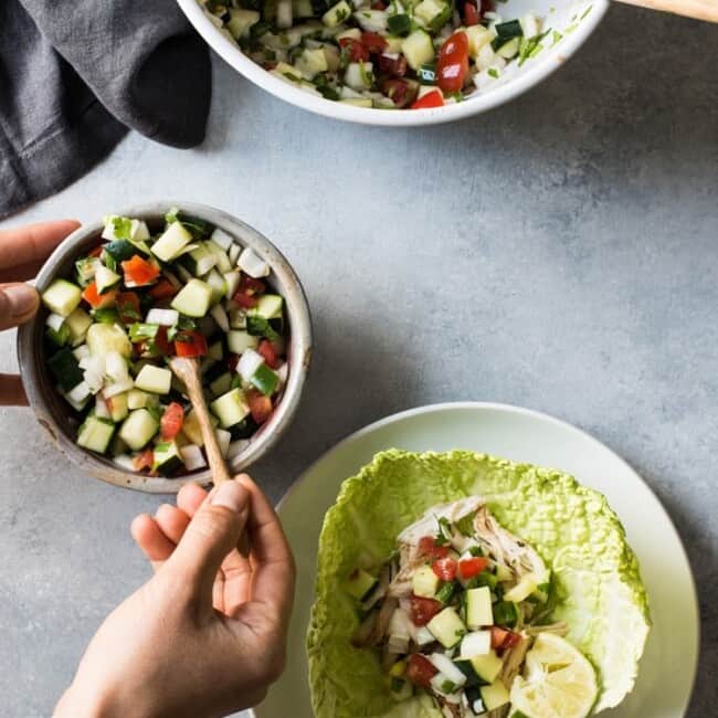 This Fresh Cucumber Salsa is quick and easy to make! Ready in only 15 minutes, this healthy salsa is the perfect topping for tacos, enchiladas and grilled meats.
