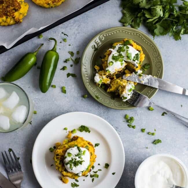 Quick and easy Jalapeno Corn Cakes that are gluten free and vegetarian. The perfect Mexican side dish!