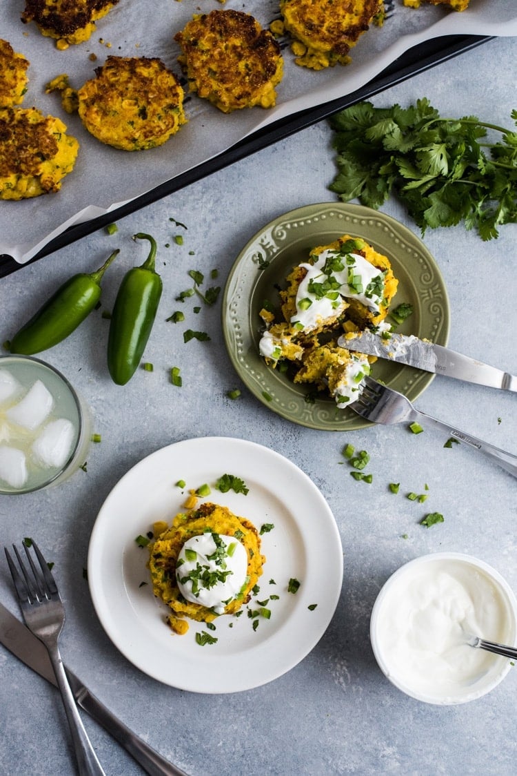 Quick and easy Jalapeno Corn Cakes that are gluten free and vegetarian. The perfect Mexican side dish!