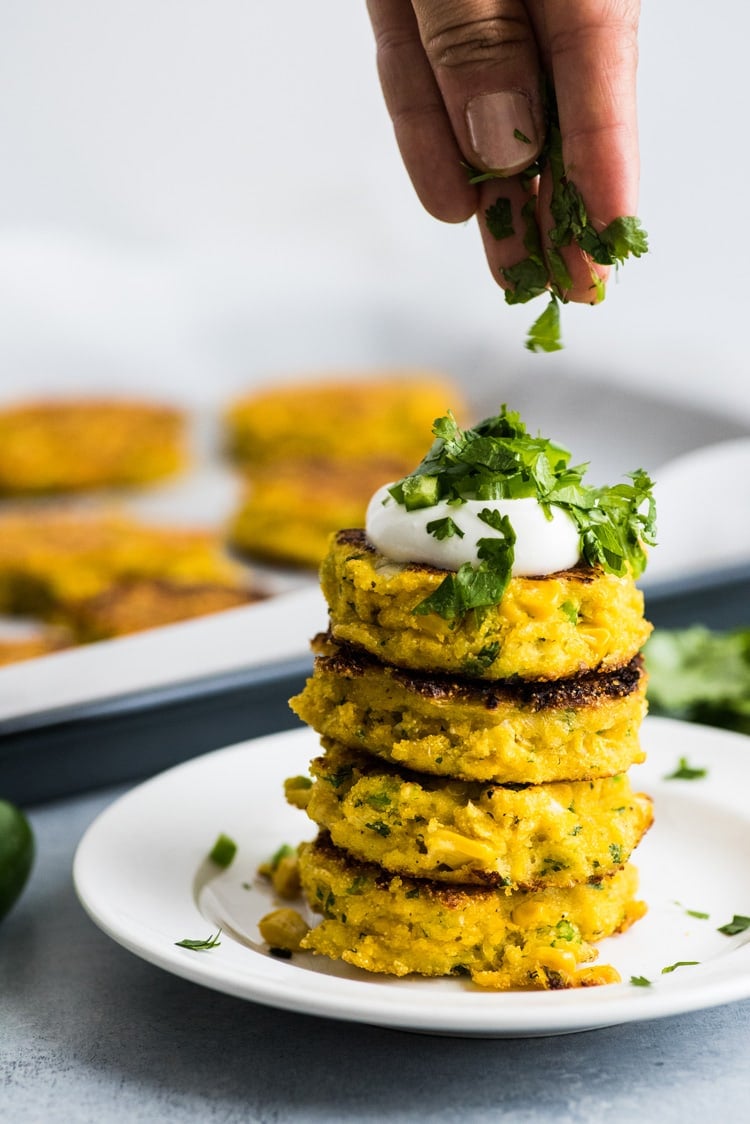 Quick and easy Jalapeno Corn Cakes that are gluten free and vegetarian. The perfect Mexican side dish!
