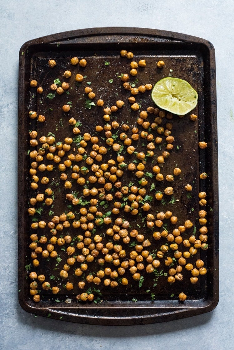 These Cilantro Lime Roasted Chickpeas are a healthy and addicting salty snack with plenty of crunch to satisfy your snack cravings! (gluten free, vegan)
