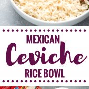 This easy, light and refreshing Mexican Ceviche Rice Bowl is the perfect summer meal made from citrus marinated shrimp, tomatoes, onions, jalapenos and cilantro.