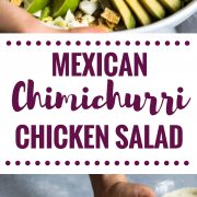 A bright, fresh Mexican Chimichurri Chicken Salad featuring grilled corn, summer tomatoes, marinated and grilled chimichurri chicken and creamy avocados. (gluten free)