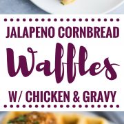 These savory Jalapeno Cornbread waffles are topped with crispy oven baked chicken tenders and white gravy for the ultimate brunch dish!