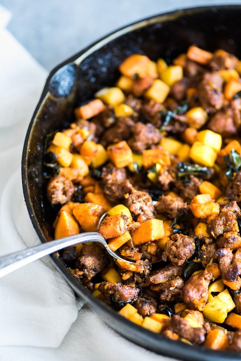 This Mexican Chorizo Sweet Potato Hash with Soft Boiled Eggs is a healthy, filling and comforting meal made with sweet potatoes, Mexican chorizo, kale and Granny Smith apples. It's also gluten free and paleo friendly.