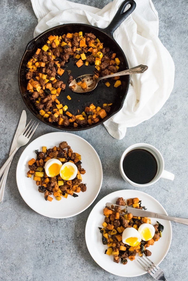 This Mexican Chorizo Sweet Potato Hash with Soft Boiled Eggs is a healthy, filling and comforting meal made with sweet potatoes, Mexican chorizo, kale and Granny Smith apples. It's also gluten free and paleo friendly.