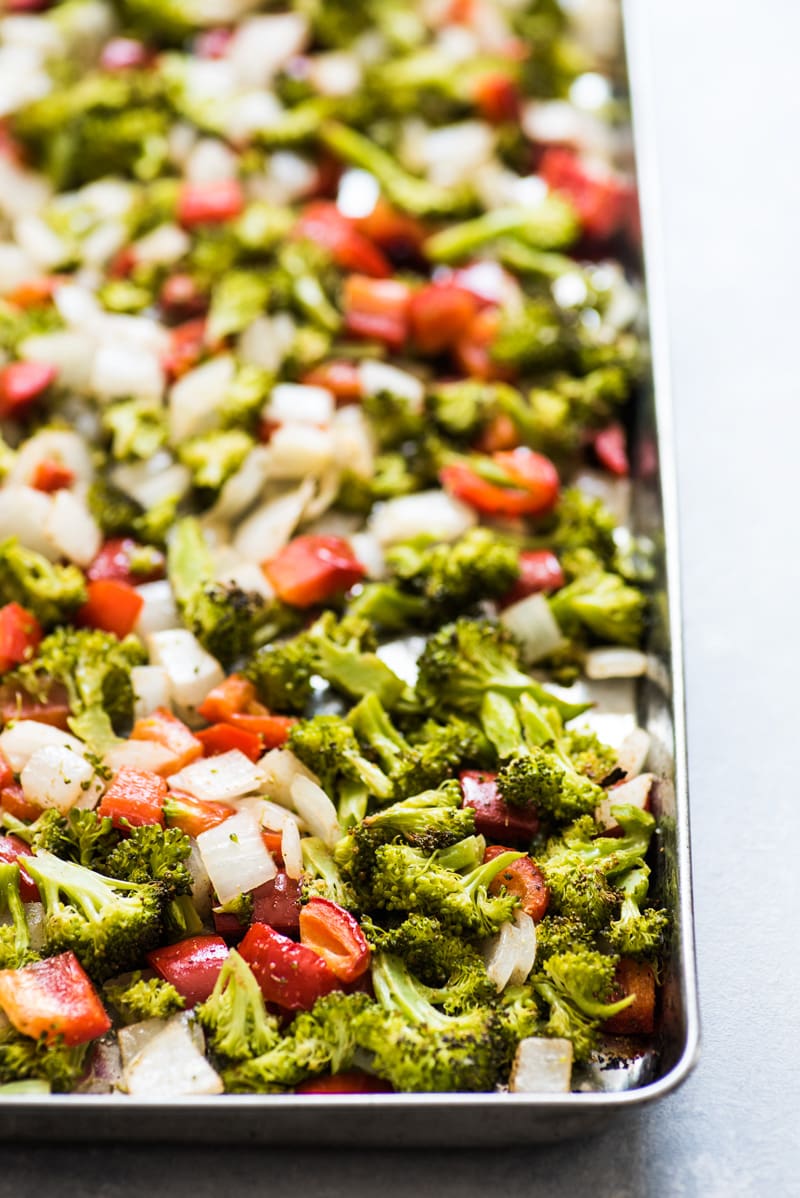 Roasted vegetables for a quinoa enchilada bake recipe.