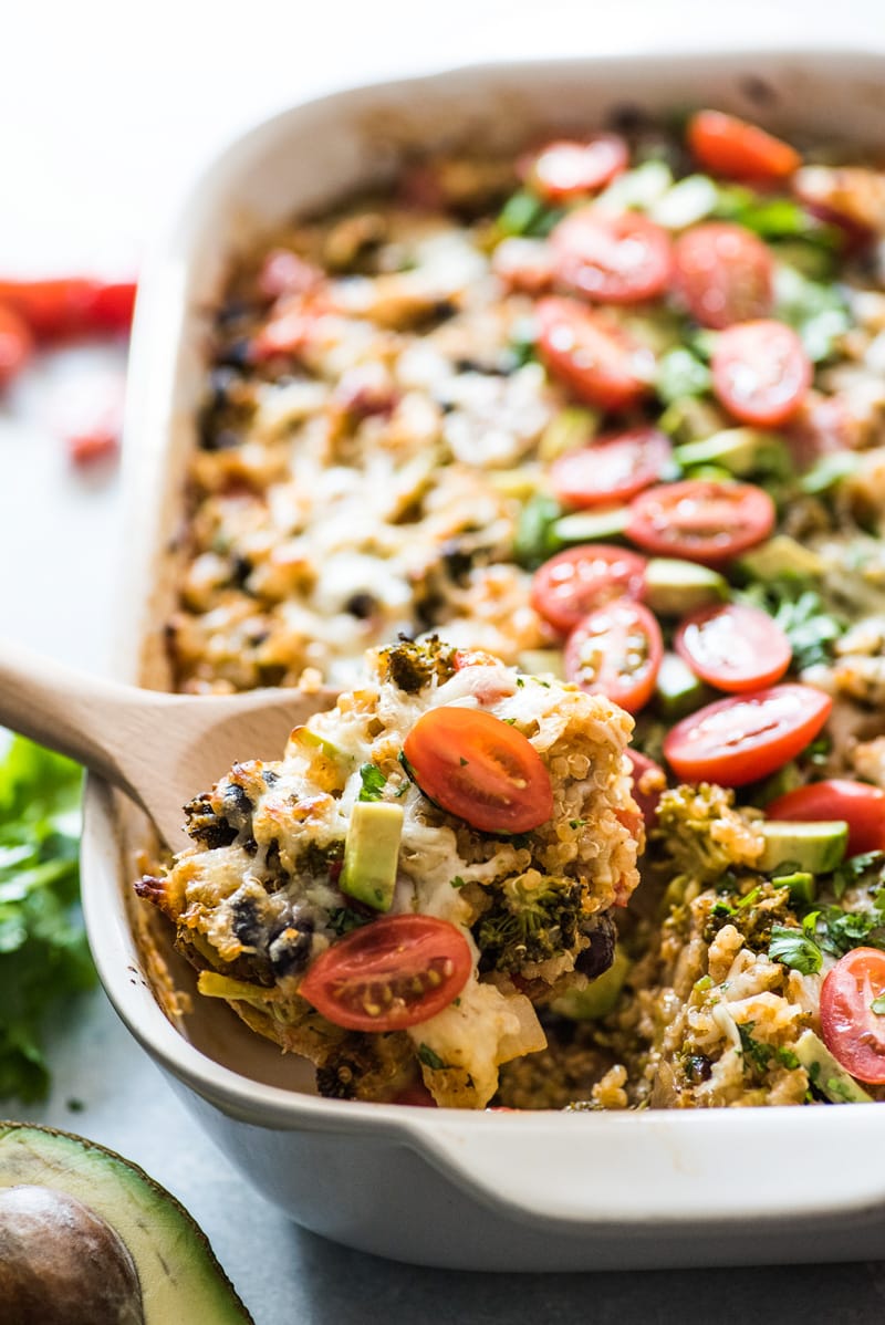 A Broccoli Quinoa Enchilada Casserole that's healthy, easy to make and filled with lots of veggies! (vegetarian, gluten free)